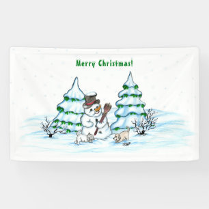 Frohe Weihnachten! Schneemann mit Katze und Welpe Banner