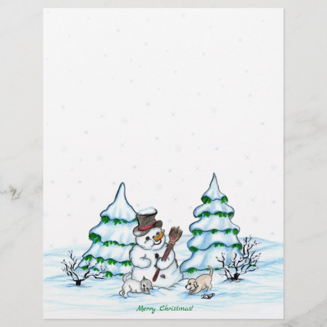Frohe Weihnachten! Schneemann mit Katze und Welpe Briefbogen (Vorderseite)