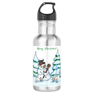 Frohe Weihnachten! Schneemann mit Katze und Welpe Edelstahlflasche