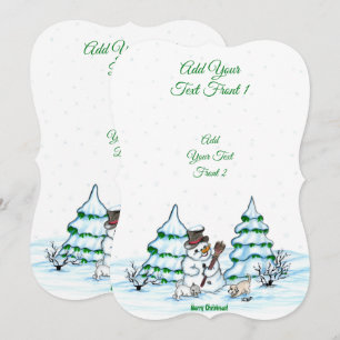 Frohe Weihnachten! Schneemann mit Katze und Welpe Einladung
