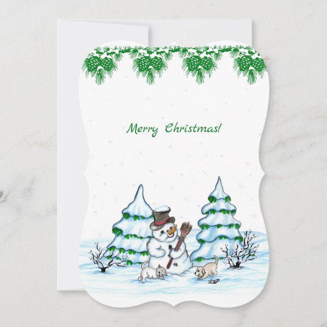 Frohe Weihnachten! Schneemann mit Katze und Welpe Einladung (Vorderseite)