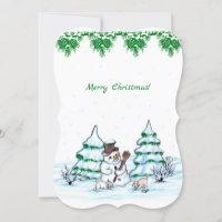 Frohe Weihnachten! Schneemann mit Katze und Welpe