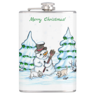 Frohe Weihnachten! Schneemann mit Katze und Welpe Flachmann