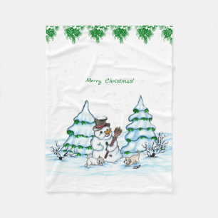 Frohe Weihnachten! Schneemann mit Katze und Welpe Fleecedecke