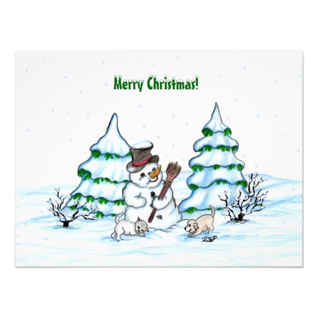 Frohe Weihnachten! Schneemann mit Katze und Welpe Fotodruck (Vorne)