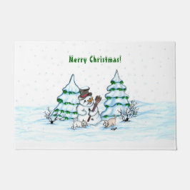 Frohe Weihnachten! Schneemann mit Katze und Welpe Fußmatte