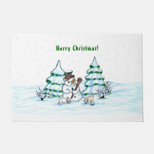 Frohe Weihnachten! Schneemann mit Katze und Welpe Fußmatte