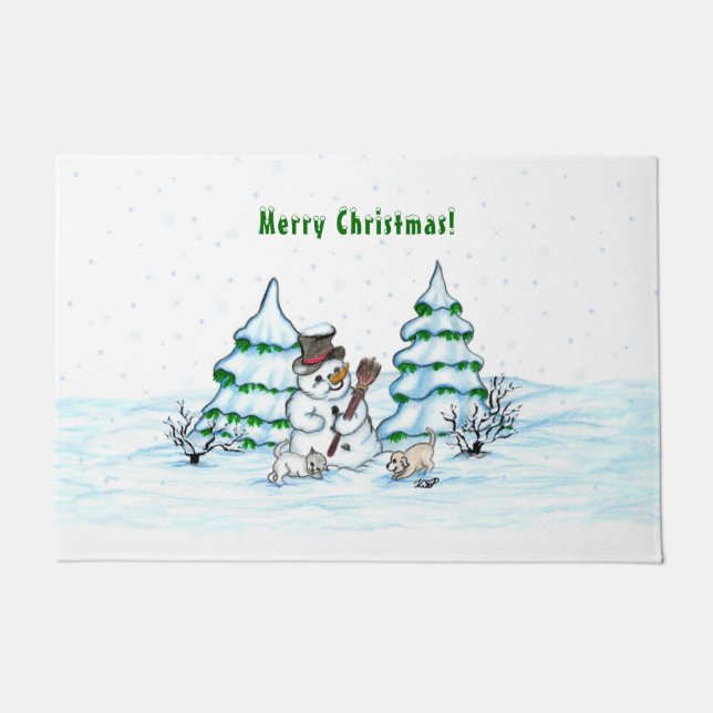 Frohe Weihnachten! Schneemann mit Katze und Welpe Fußmatte (Vorderseite)