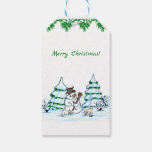 Frohe Weihnachten! Schneemann mit Katze und Welpe Geschenkanhänger
