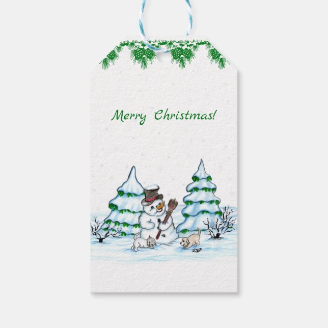 Frohe Weihnachten! Schneemann mit Katze und Welpe Geschenkanhänger (Rückseite)
