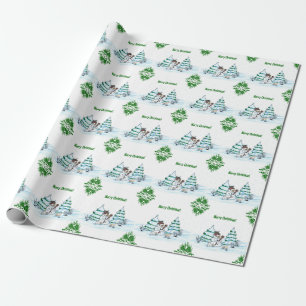 Frohe Weihnachten! Schneemann mit Katze und Welpe Geschenkpapier