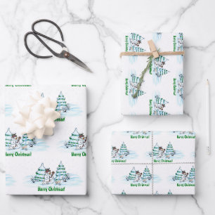 Frohe Weihnachten! Schneemann mit Katze und Welpe Geschenkpapier Set