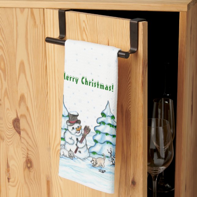 Frohe Weihnachten! Schneemann mit Katze und Welpe Geschirrtuch (Drittel gefaltet)