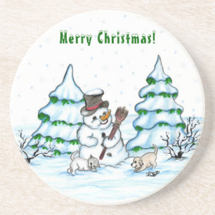 Frohe Weihnachten! Schneemann mit Katze und Welpe Getränkeuntersetzer