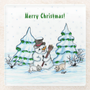 Frohe Weihnachten! Schneemann mit Katze und Welpe Glasuntersetzer