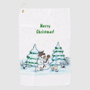 Frohe Weihnachten! Schneemann mit Katze und Welpe Golfhandtuch