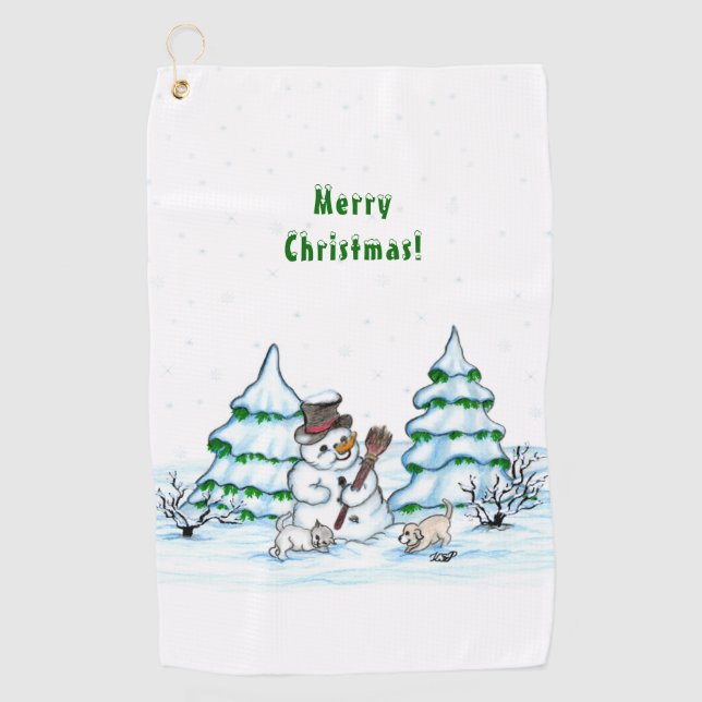 Frohe Weihnachten! Schneemann mit Katze und Welpe Golfhandtuch (Vorderseite)