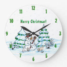 Frohe Weihnachten! Schneemann mit Katze und Welpe