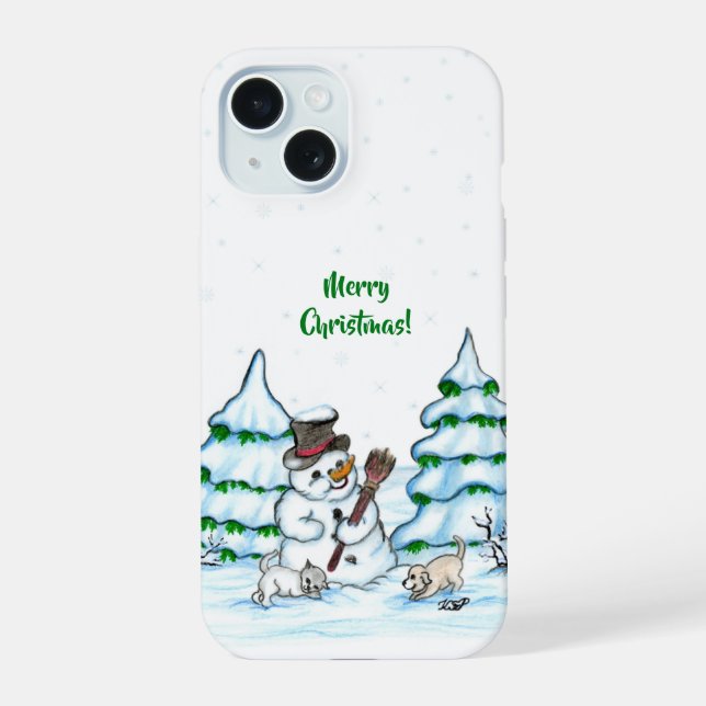 Frohe Weihnachten! Schneemann mit Katze und Welpe iPhone 15 Hülle (Rückseite)
