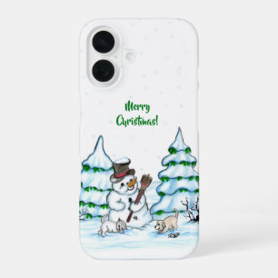 Frohe Weihnachten! Schneemann mit Katze und Welpe iPhone 16 Hülle