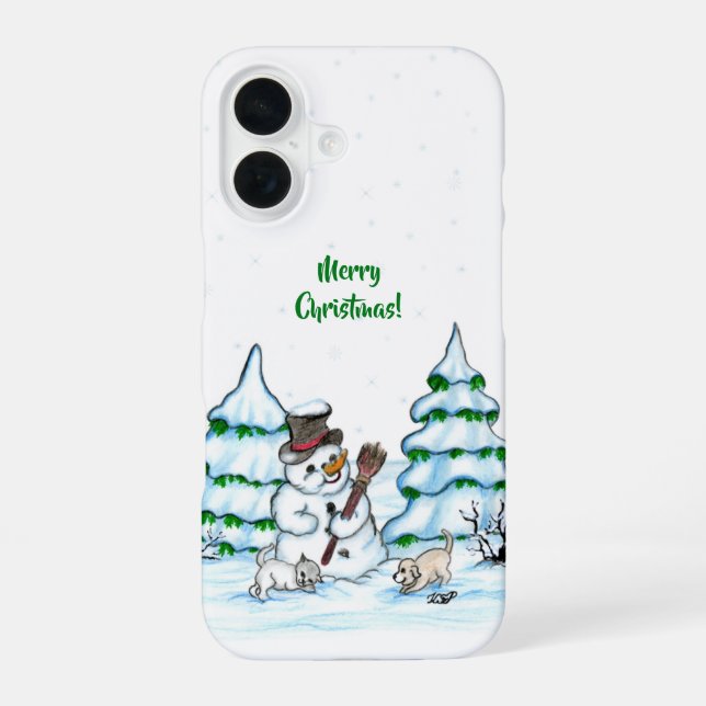Frohe Weihnachten! Schneemann mit Katze und Welpe iPhone 16 Hülle (Rückseite)