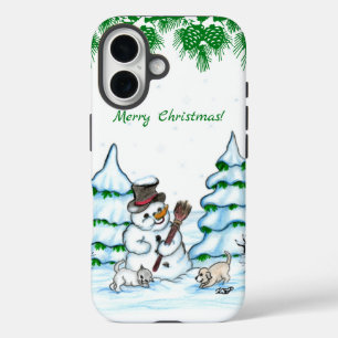Frohe Weihnachten! Schneemann mit Katze und Welpe iPhone 16 Hülle