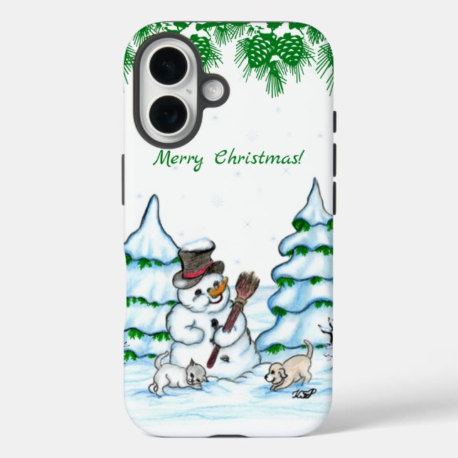 Frohe Weihnachten! Schneemann mit Katze und Welpe iPhone 16 Hülle (Rückseite)