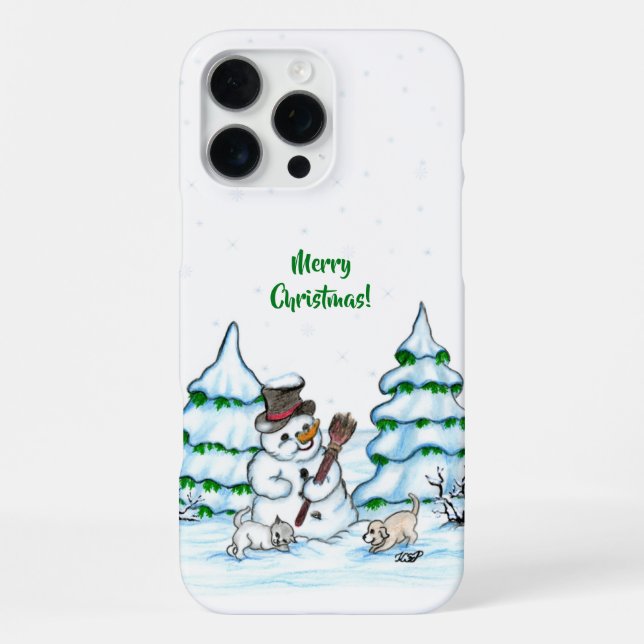 Frohe Weihnachten! Schneemann mit Katze und Welpe iPhone 16 Pro Max Hülle (Rückseite)
