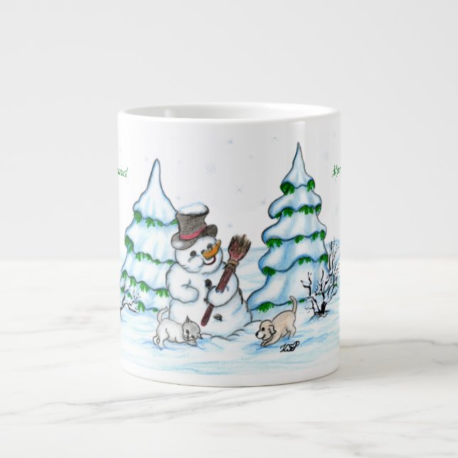 Frohe Weihnachten! Schneemann mit Katze und Welpe Jumbo-Tasse (Vorderseite)