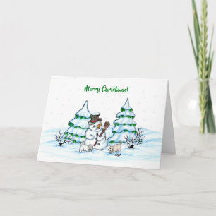Frohe Weihnachten! Schneemann mit Katze und Welpe Karte