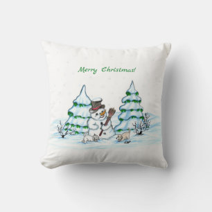Frohe Weihnachten! Schneemann mit Katze und Welpe Kissen