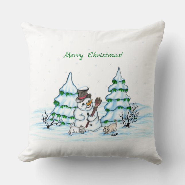 Frohe Weihnachten! Schneemann mit Katze und Welpe Kissen (Vorderseite)