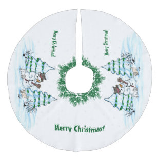 Frohe Weihnachten! Schneemann mit Katze und Welpe Leinenimitat Weihnachtsbaumdecke