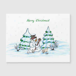 Frohe Weihnachten! Schneemann mit Katze und Welpe Magnetkarte
