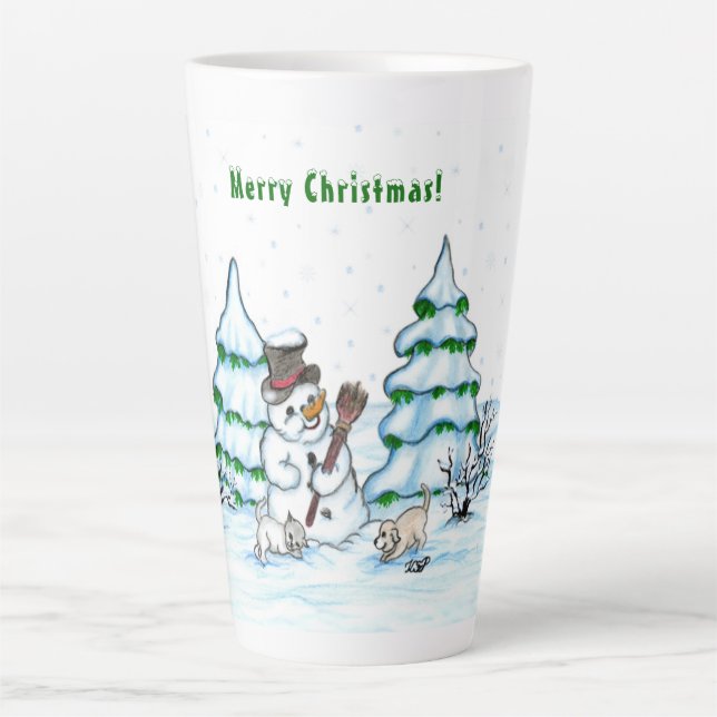 Frohe Weihnachten! Schneemann mit Katze und Welpe Milchtasse (Vorderseite)