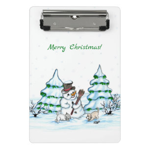 Frohe Weihnachten! Schneemann mit Katze und Welpe Mini Klemmbrett
