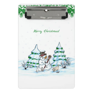 Frohe Weihnachten! Schneemann mit Katze und Welpe Mini Klemmbrett