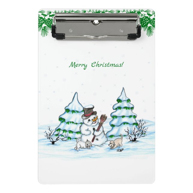 Frohe Weihnachten! Schneemann mit Katze und Welpe Mini Klemmbrett (Vorderseite)