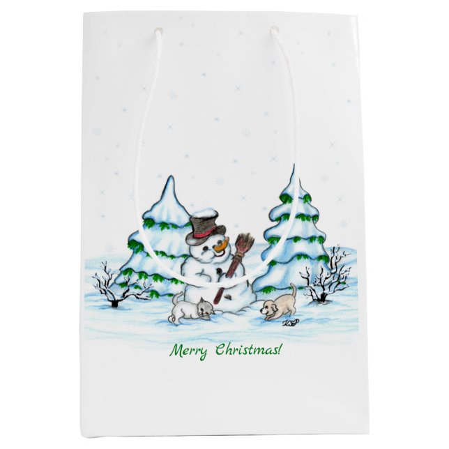 Frohe Weihnachten! Schneemann mit Katze und Welpe Mittlere Geschenktüte (Vorderseite)