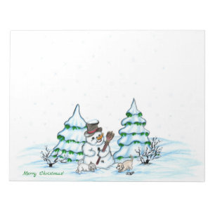 Frohe Weihnachten! Schneemann mit Katze und Welpe Notizblock