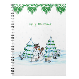 Frohe Weihnachten! Schneemann mit Katze und Welpe Notizblock