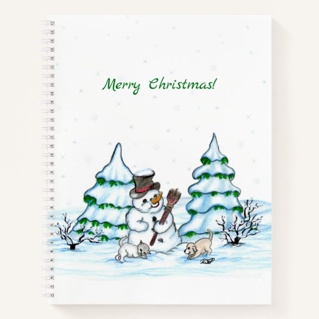 Frohe Weihnachten! Schneemann mit Katze und Welpe Notizbuch (Vorderseite)