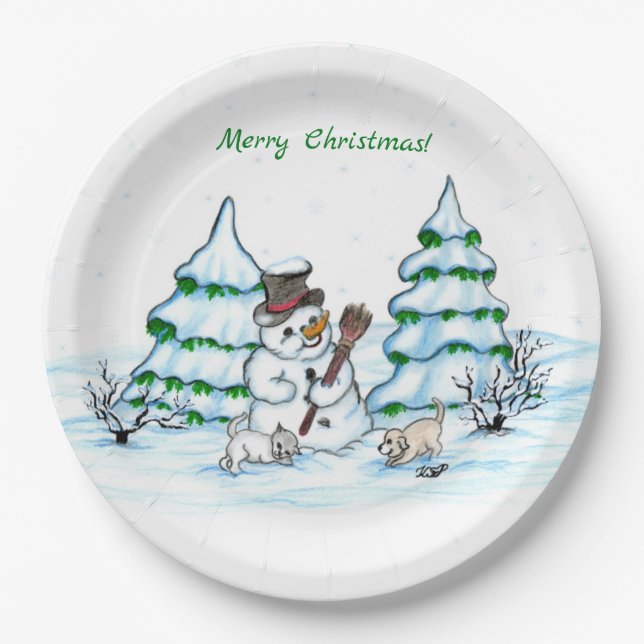 Frohe Weihnachten! Schneemann mit Katze und Welpe Pappteller (Vorderseite)
