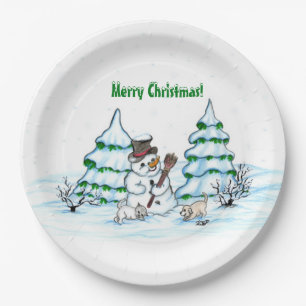 Frohe Weihnachten! Schneemann mit Katze und Welpe Pappteller