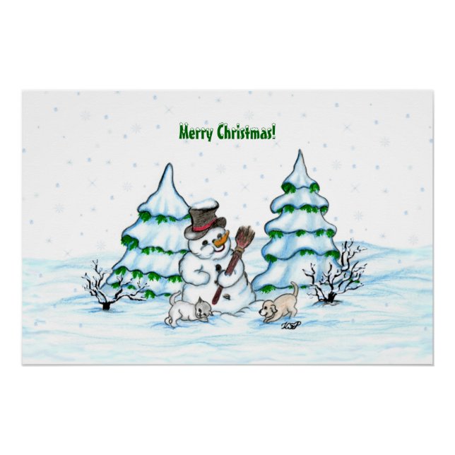 Frohe Weihnachten! Schneemann mit Katze und Welpe Poster (Vorderseite)
