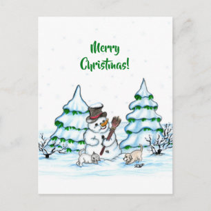 Frohe Weihnachten! Schneemann mit Katze und Welpe Postkarte