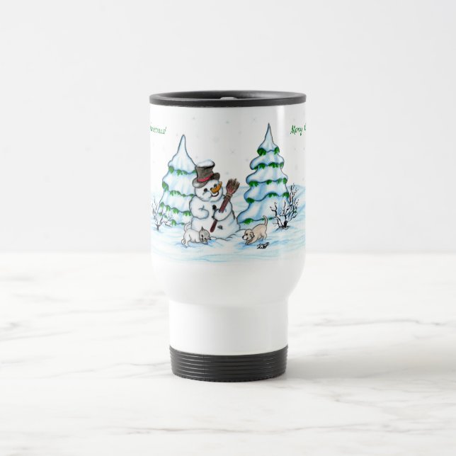Frohe Weihnachten! Schneemann mit Katze und Welpe Reisebecher (Mittel)
