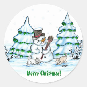 Frohe Weihnachten! Schneemann mit Katze und Welpe Runder Aufkleber