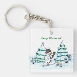 Frohe Weihnachten! Schneemann mit Katze und Welpe Schlüsselanhänger