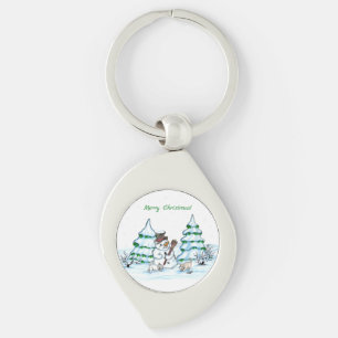 Frohe Weihnachten! Schneemann mit Katze und Welpe Schlüsselanhänger